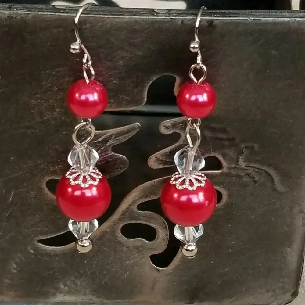 Artisan Glossy Red Glass Pearl Clear Crystal Silver Plated Dangle Earrings